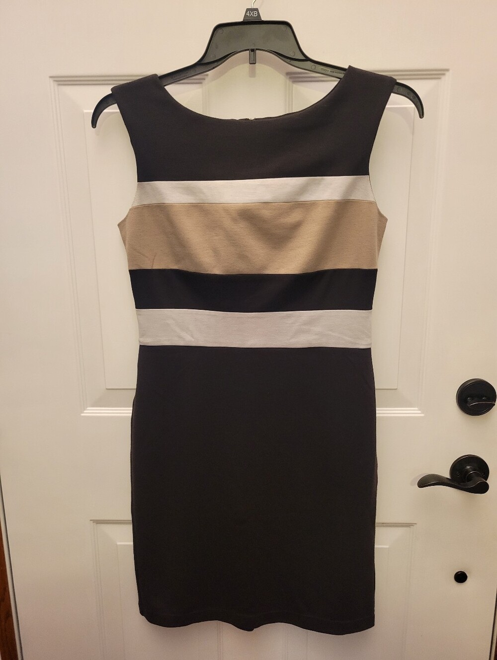White House Black Market Black, White & Tan Striped Midi Sheath Dress